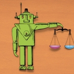 Robot holding scales representing bias, illustrating debiasing artificial intelligence.