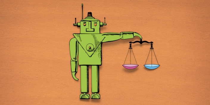 Robot holding scales representing bias, illustrating debiasing artificial intelligence.